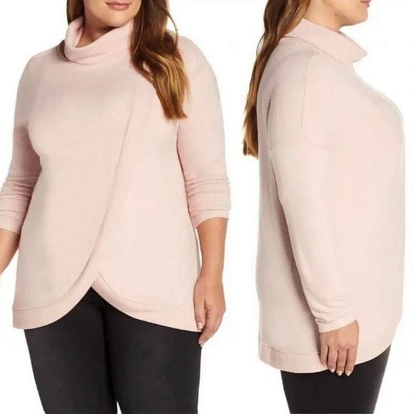 Gibson Size L Womens Cozy Turtleneck Sweater New Tunic Split Faux Wrap Back Pink - Picture 11 of 11